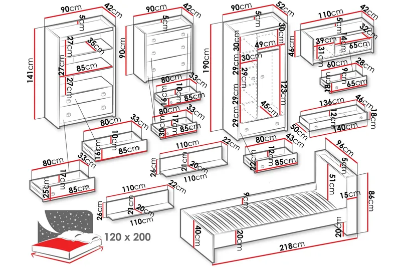 Evorana Möbelset För Sovrum - Brun/Mörkgrå - Möbler - Sovrum - Möbelset för sovrum