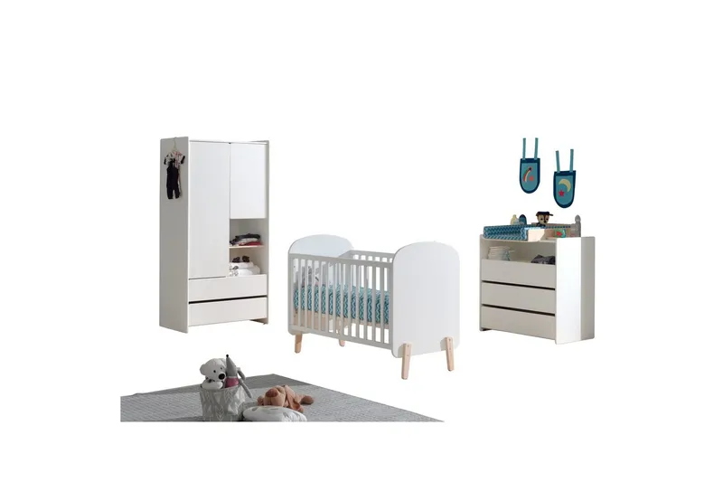 Spjälsäng med byrå, skötbordstopp och garderob Kiddy 2-dörrar, 2-dörrar