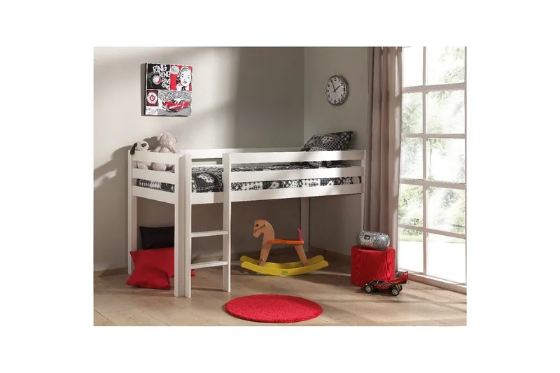 Halvhöjdssäng med skrivbord 4-dörrars skåp vägghylla och 2-dörrars skåp Pino - Möbler - Sovrum - Möbelset för sovrum