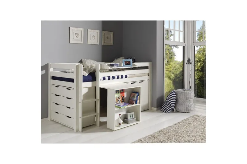 Halvhöjdssäng med skrivbord 4-dörrars skåp vägghylla och 2-dörrars skåp Pino - Möbler - Sovrum - Möbelset för sovrum