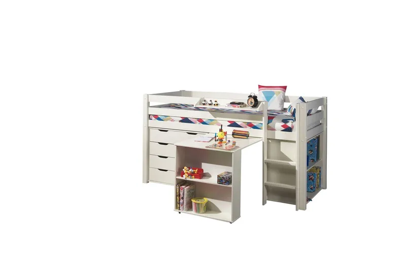 Halvhöjdssäng med skrivbord bokhylla och 4-dörrars skåp med vägghylla Pino