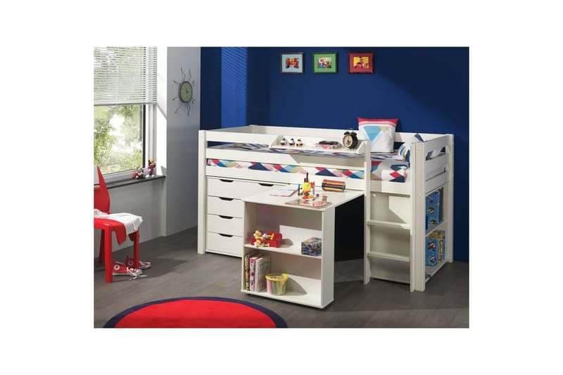 Halvhöjdssäng med skrivbord bokhylla och 4-dörrars skåp med vägghylla Pino - Möbler - Sovrum - Möbelset för sovrum