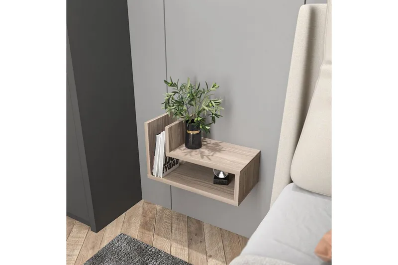 Jarlech Vägghängt Sängbord & Nattduksbord 45 cm med Trä- och Valnötsutseende, Förvaring med Hyllor - Ljus Taupe - Möbler - Sovrum - Sängbord