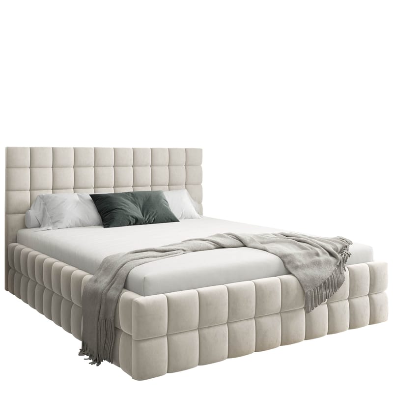 Morke Sängram med Förvaring 160x200 cm i Sammet med Träunderrede, Beige