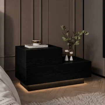 Mutki Sängbord & Nattduksbord 70x35x38,3 cm med Trä- och Valnötsutseende, Förvaring med Lådor och LED-belysning - Svart - Möbler - Sovrum - Sängbord