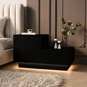 Mutki Sängbord & Nattduksbord 70x35x38,3 cm med Trä- och Valnötsutseende, Förvaring med Lådor och LED-belysning - Svart - Möbler - Sovrum - Sängbord