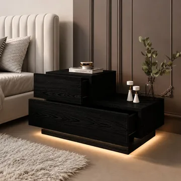 Mutki Sängbord & Nattduksbord 70x35x38,3 cm med Trä- och Valnötsutseende, Förvaring med Lådor och LED-belysning - Svart - Möbler - Sovrum - Sängbord