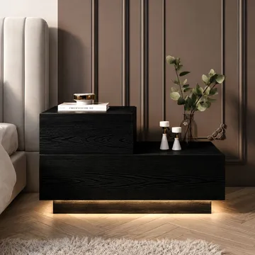 Mutki Sängbord & Nattduksbord 70x35x38,3 cm med Trä- och Valnötsutseende, Förvaring med Lådor och LED-belysning - Svart - Möbler - Sovrum - Sängbord