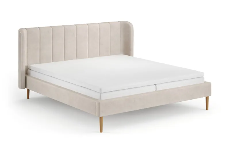 Nattljus Sängram 180x200 cm Ek med HVILA Resårmadrass och Bäddmadrass i Polyesterskum med Tvättbar klädsel, Beige