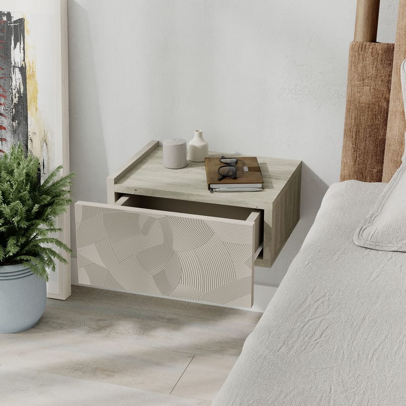Nilena Vägghängt Sängbord 38 cm med Travertinutseende, Förvaring med Låda - Beige - Möbler - Sovrum - Sängbord