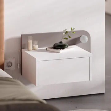 Nosina Vägghängt Sängbord 52 cm, Förvaring med Låda och LED-belysning - Vit/Brun - Möbler - Sovrum - Sängbord
