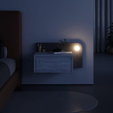 Nosina Vägghängt Sängbord 52 cm med Ek- och Betongutseende, Förvaring med Låda och LED-belysning - Grå/Vit - Möbler - Sovrum - Sängbord