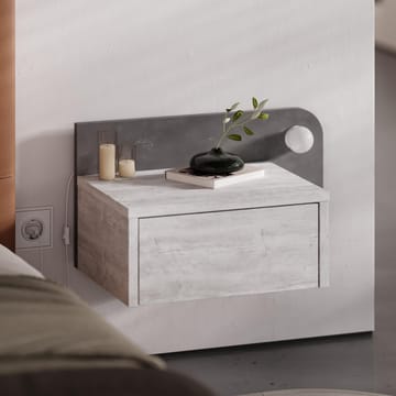 Nosina Vägghängt Sängbord 52 cm med Ek- och Betongutseende, Förvaring med Låda och LED-belysning - Grå/Vit - Möbler - Sovrum - Sängbord