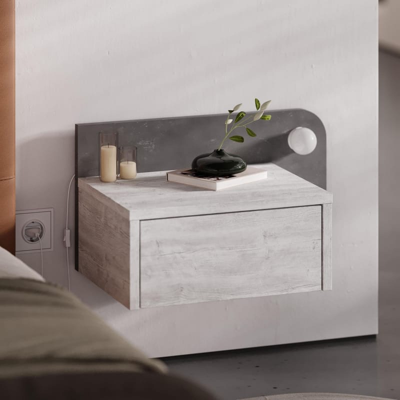 Nosina Vägghängt Sängbord 52 cm med Ek- och Betongutseende, Förvaring med Låda och LED-belysning - Grå/Vit - Möbler - Sovrum - Sängbord