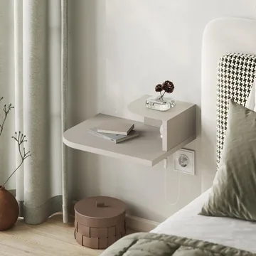 Rilina Vägghängt Sängbord 40 cm med Ljust Träutseende, Förvaring med Hylla och LED-belysning - Beige - Möbler - Sovrum - Sängbord