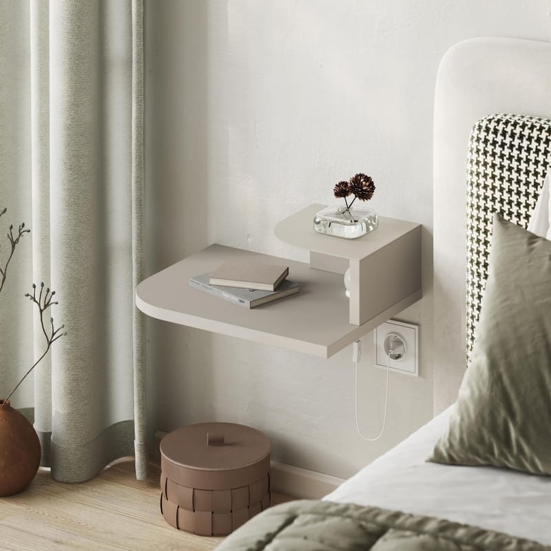 Rilina Vägghängt Sängbord 40 cm med Ljust Träutseende, Förvaring med Hylla och LED-belysning - Beige - Möbler - Sovrum - Sängbord