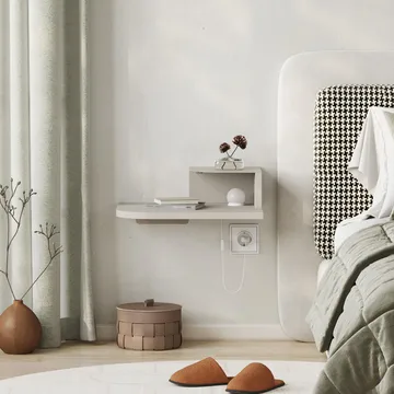 Rilina Vägghängt Sängbord 40 cm med Ljust Träutseende, Förvaring med Hylla och LED-belysning - Beige - Möbler - Sovrum - Sängbord
