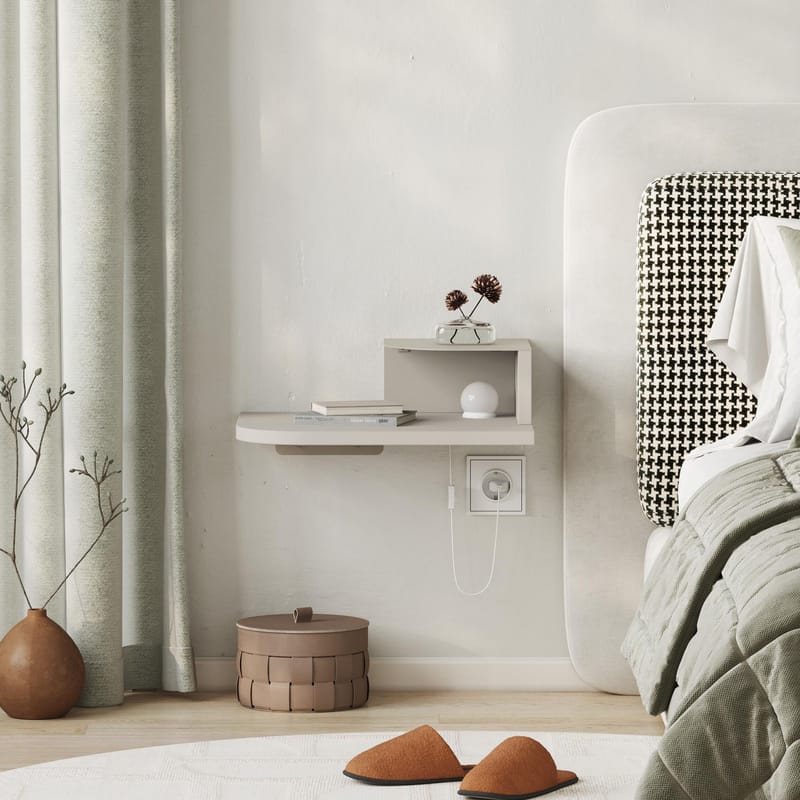 Rilina Vägghängt Sängbord 40 cm med Ljust Träutseende, Förvaring med Hylla och LED-belysning - Beige - Möbler - Sovrum - Sängbord