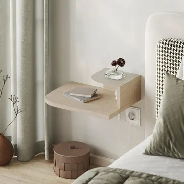 Rilina Vägghängt Sängbord 40 cm med Trä- och Ekutseende, Förvaring med Hylla och LED-belysning - Beige - Möbler - Sovrum - Sängbord