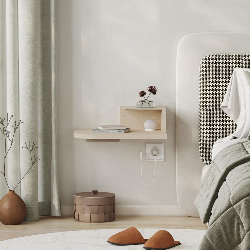 Rilina Vägghängt Sängbord 40 cm med Trä- och Ekutseende, Förvaring med Hylla och LED-belysning - Beige - Möbler - Sovrum - Sängbord
