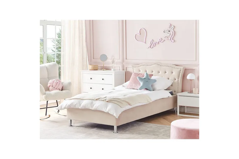 Säng med förvaring Metz - Beige, Silver/Sammet, 90x200 cm - Möbler - Sovrum - Sängram & sängstomme