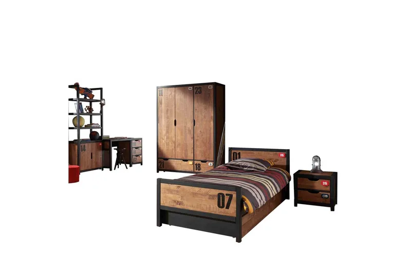 Säng med låda nattduksbord skrivbord garderob bokhylla Alex 3-dörrar, 3-dörrar