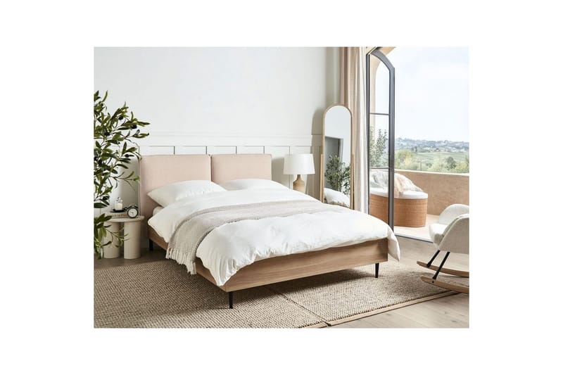 Säng med lamellram Limanton - Beige, ljust trä, svart/Bouclé, 140x200 cm - Möbler - Sovrum - Sängram & sängstomme