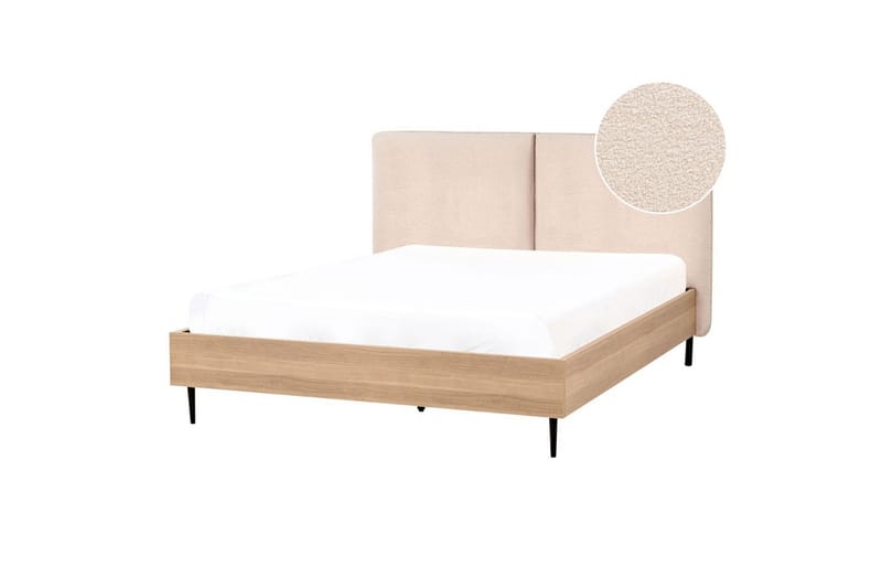 Säng med lamellram Limanton - Beige, ljust trä, svart/Bouclé, 140x200 cm - Möbler - Sovrum - Sängram & sängstomme