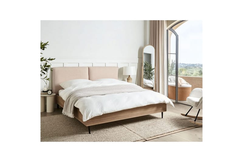 Säng med lamellram Limanton - Beige, ljust trä, svart/Bouclé, 160x200 cm - Möbler - Sovrum - Sängram & sängstomme