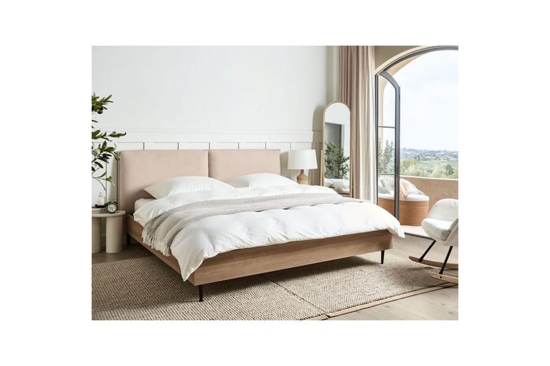 Säng med lamellram Limanton - Beige, ljust trä, svart/Bouclé, 180x200 cm - Möbler - Sovrum - Sängram & sängstomme