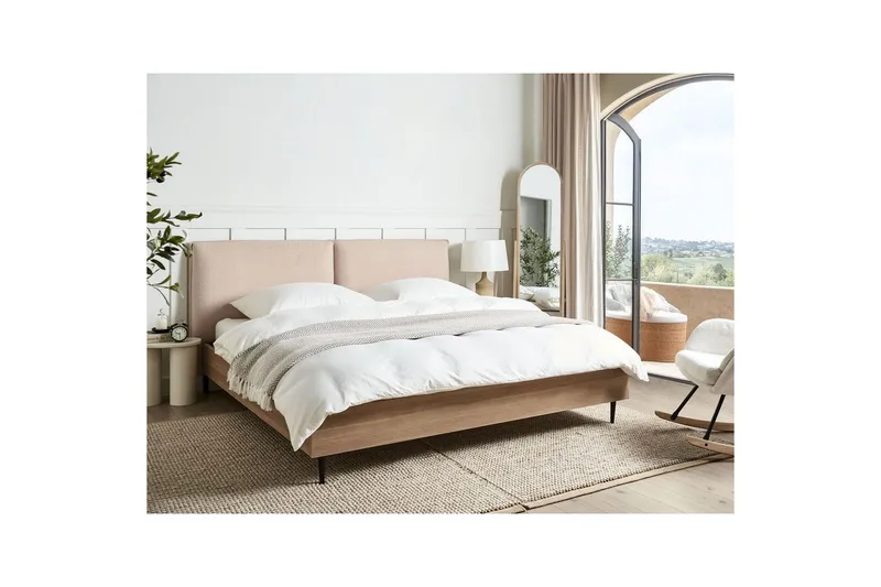 Säng med lamellram Limanton - Beige, ljust trä, svart/Bouclé, 180x200 cm - Möbler - Sovrum - Sängram & sängstomme