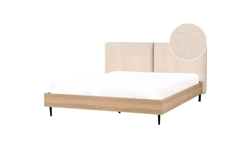 Säng med lamellram Limanton - Beige, ljust trä, svart/Bouclé, 180x200 cm - Möbler - Sovrum - Sängram & sängstomme