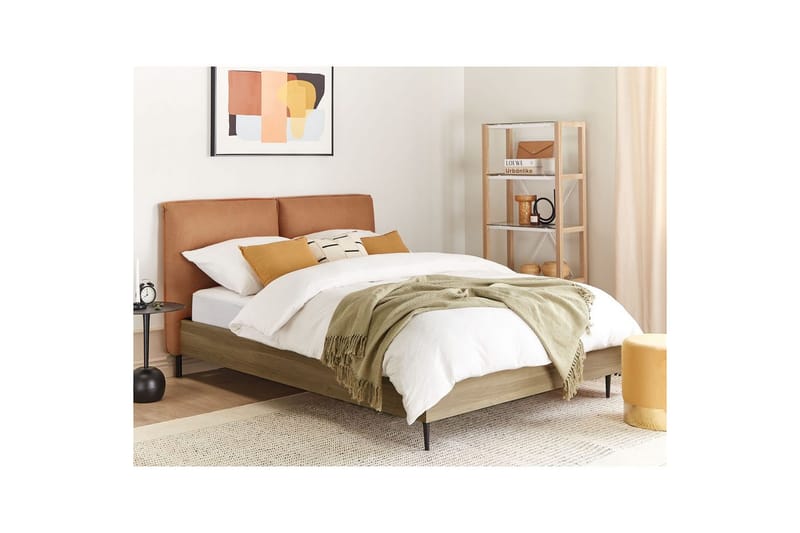 Säng med lamellram Limanton - Brunt, ljust trä, svart/Konstläder, 140x200 cm - Möbler - Sovrum - Sängram & sängstomme