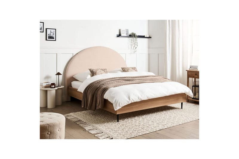 Säng med lamellram Millay - Beige, ljust trä, svart/Bouclé, 160x200 cm - Möbler - Sovrum - Sängram & sängstomme
