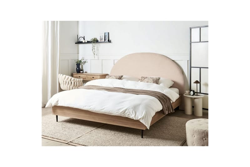 Säng med lamellram Millay - Beige, ljust trä, svart/Bouclé, 180x200 cm - Möbler - Sovrum - Sängram & sängstomme