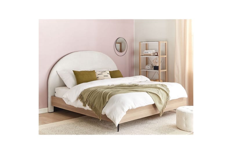 Säng med lamellram Millay - Vit, ljust trä, svart/Polyester, 160x200 cm - Möbler - Sovrum - Sängram & sängstomme