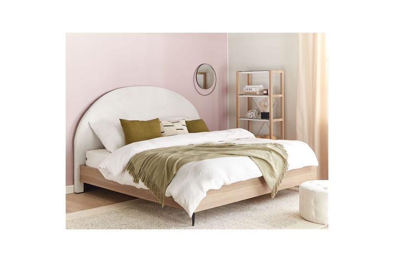 Säng med lamellram Millay - Vit, ljust trä, svart/Polyester, 180x200 cm - Möbler - Sovrum - Sängram & sängstomme