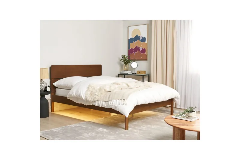 Säng med LED-belysning Boisset - Brun/Gummiträ, 140x200 cm - Möbler - Sovrum - Sängram & sängstomme