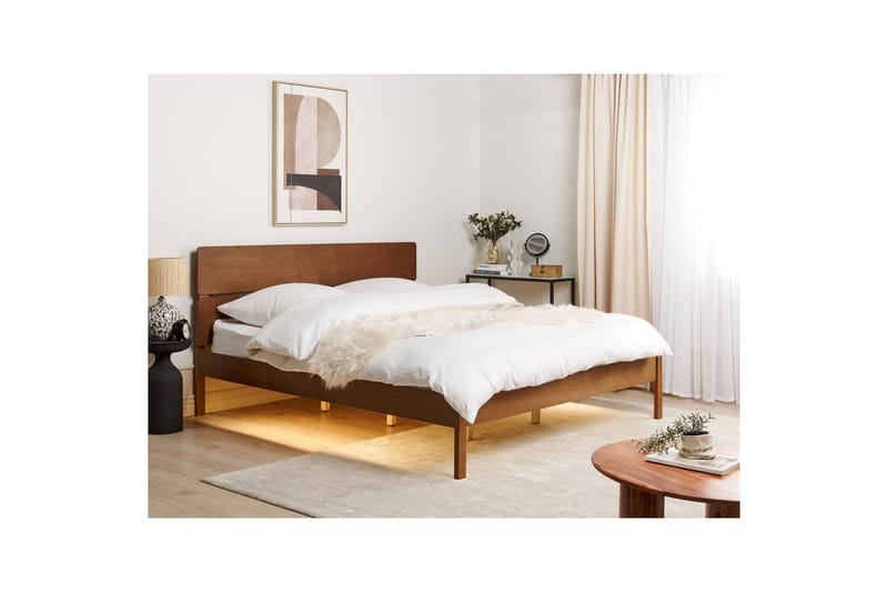 Säng med LED-belysning Boisset - Brun/Gummiträ, 180x200 cm - Möbler - Sovrum - Sängram & sängstomme