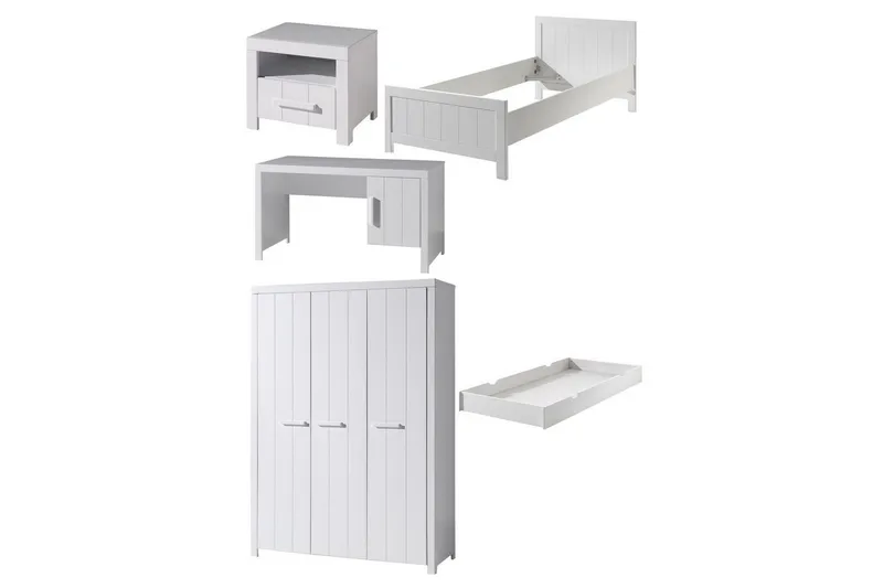 Säng med nattduksbord 3-dörrars garderob Skrivbord Låda Erik