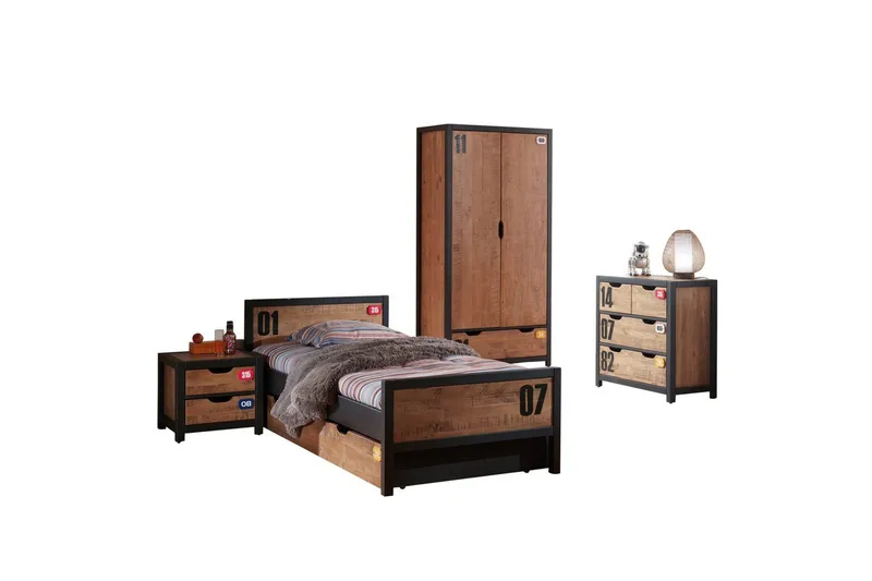 Säng med ribbotten låda nattduksbord garderob byrå Alex