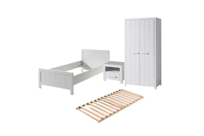 Säng med ribbotten nattduksbord 2-dörrars garderob Erik