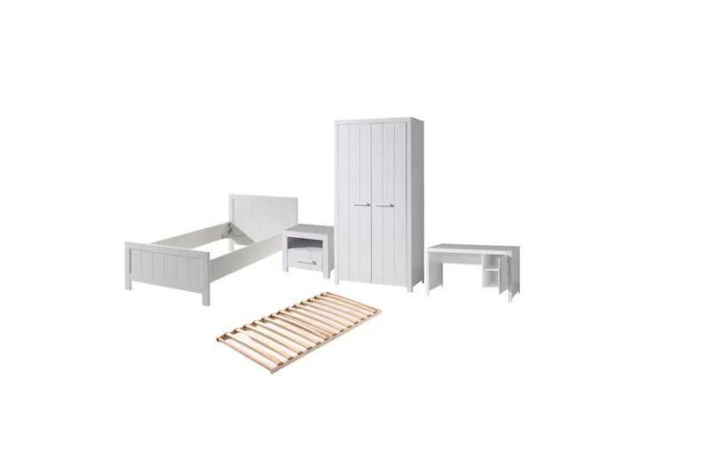 Säng med ribbotten nattduksbord 2-dörrars garderob skrivbord Erik