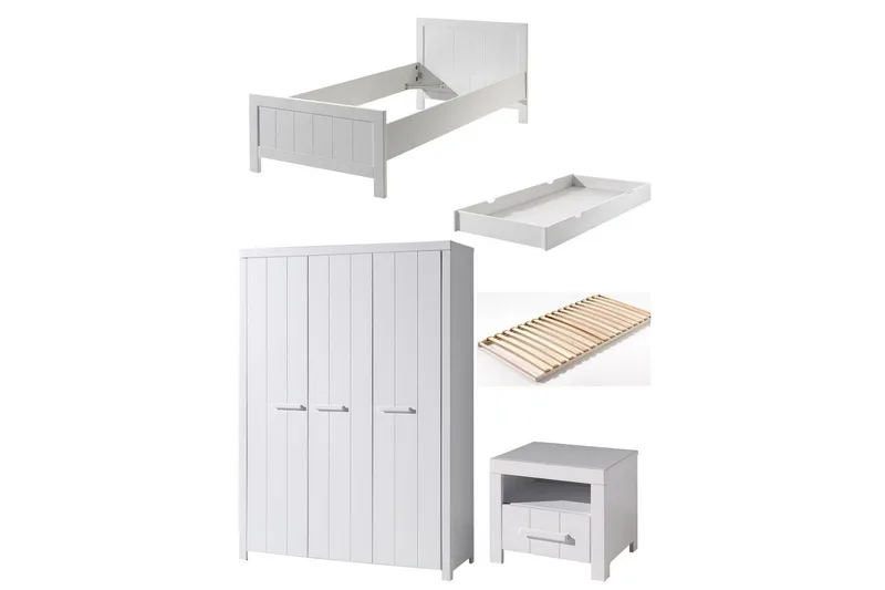 Säng med ribbotten nattduksbord 3-dörrars garderob låda Erik