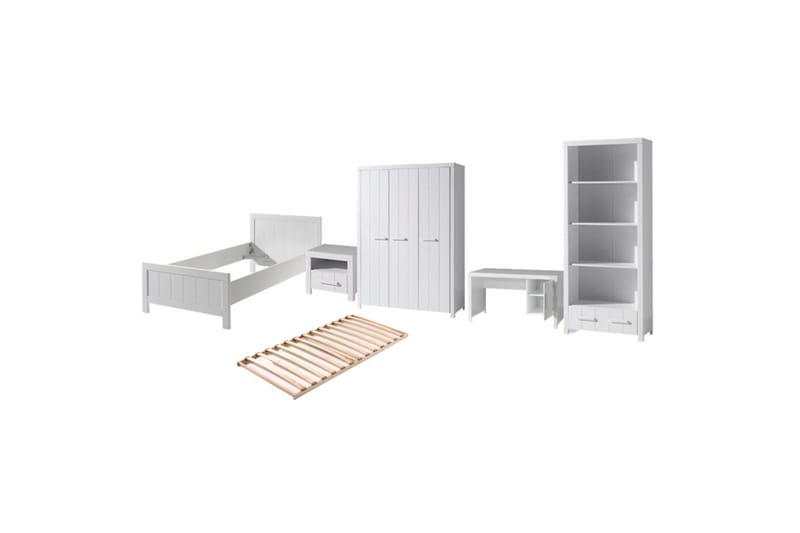 Säng med ribbotten nattduksbord 3-dörrars garderob skrivbord bokhylla Erik