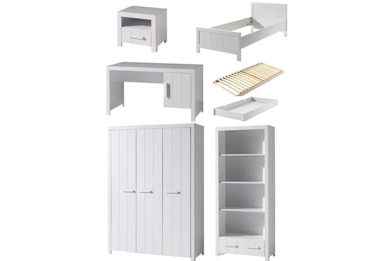 Säng med ribbotten nattduksbord 3-dörrars garderob skrivbord bokhylla låda Erik