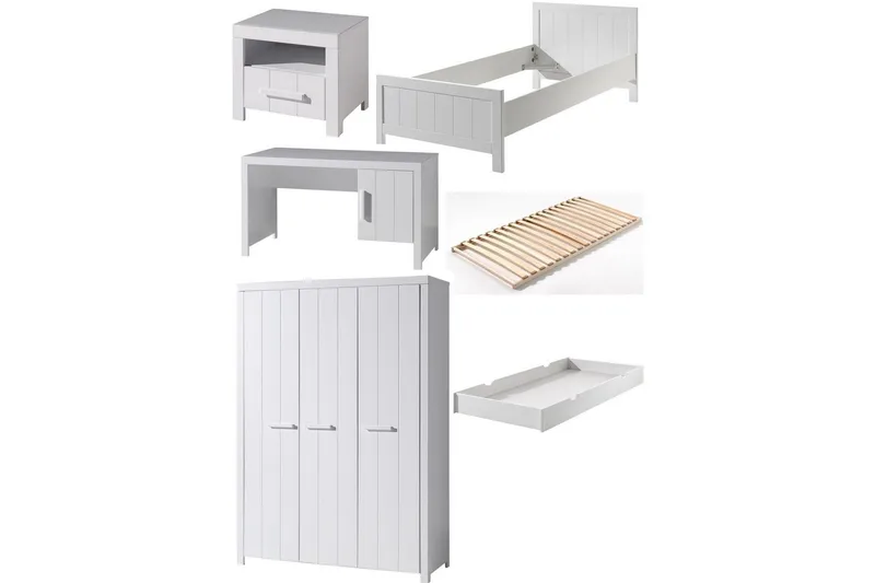 Säng med ribbotten nattduksbord 3-dörrars garderob skrivbord låda Erik