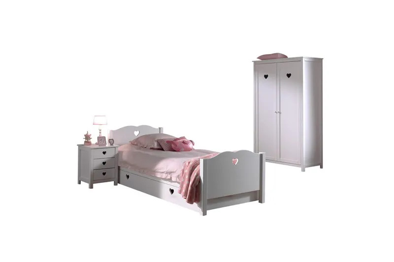 Säng med ribbotten nattduksbord garderob låda Amori Vit 2 dörrar, 2 dörrar