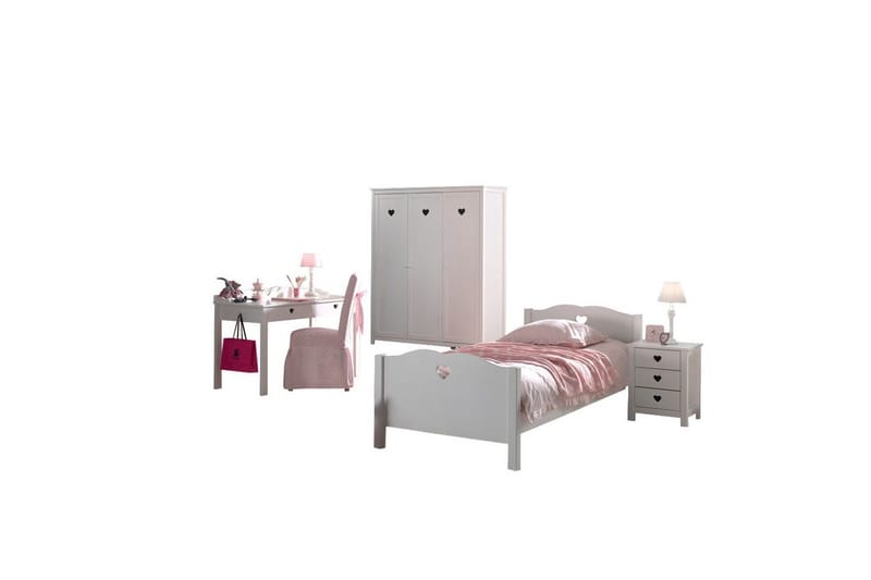 Säng med ribbotten nattduksbord garderob skrivbord Amori Vit 3-dörrar, 3-dörrar