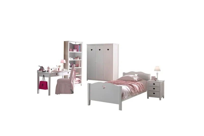 Säng med ribbotten nattduksbord garderob skrivbord bokhylla Amori Vit 2 dörrar, 2 dörrar